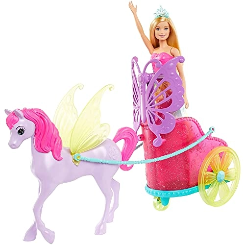 Barbie Dreamtopia Princess Doll - 11.5-in Blonde + Fantasy Horse - Translucent Yellow Wings + Chariot - Vibrant Pink