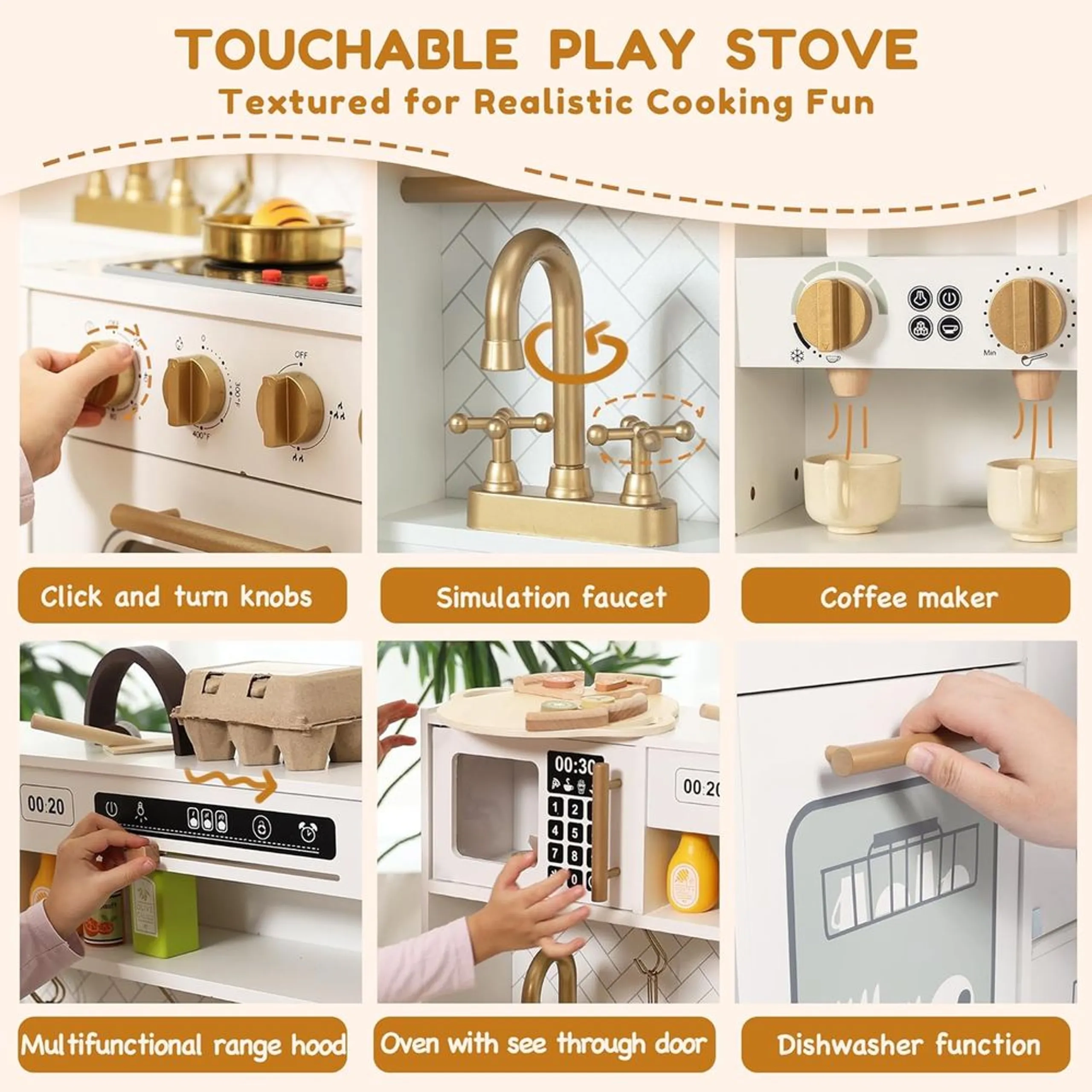 Wooden Kitchen Kids Interactive Pretend Play Set - toddler-sized durable (5551007-W10C923)