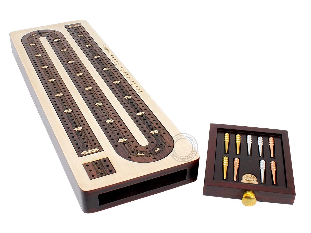 House of Cribbage 3 Track Continuous Cribbage Board - Inlaid in Rosewood Storage Drawer for Cribbage Pegs