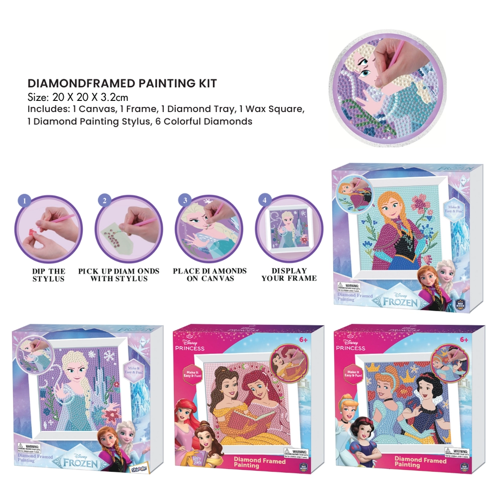 Princess Diamond Framed Painting Kit - 1 Canvas 1 Frame 6 Colorful Diamonds 1 Diamond Tray 1 Wax Square 1 Diamond Painting Stylus