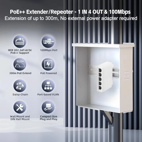 5 Port PoE Extender - 44-57 Vdc 90W/60W/30W 4 PoE out