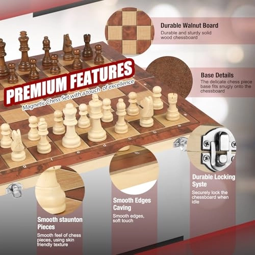 Chess Checkers Backgammon 3-in-1 - Wooden Folding