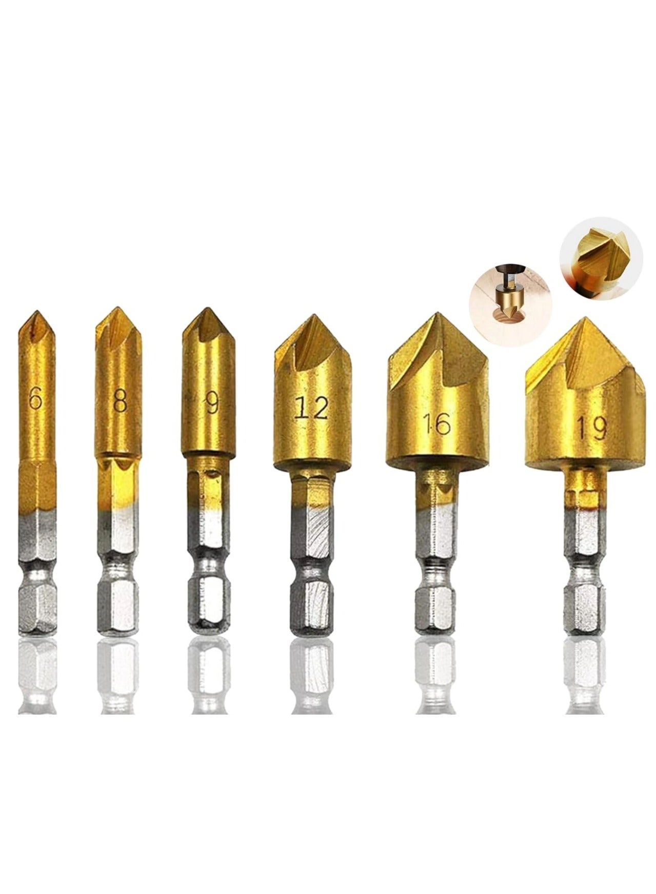 Oasisgalore Countersink Drill Bit - HSS 6 Pcs 6mm(1/4'') 8mm(5/16'') 9mm(3/8'') 12mm(1/2'') 16mm(5/8'') 19mm(3/4'')