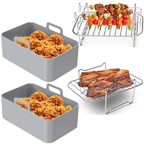 Air Fryer Silicone Pot + Air Fryer Rack + Skewer + Steamed Rack + Air Fryer Liner - Aluminum, Plastic, Stainless Steel 8Pcs