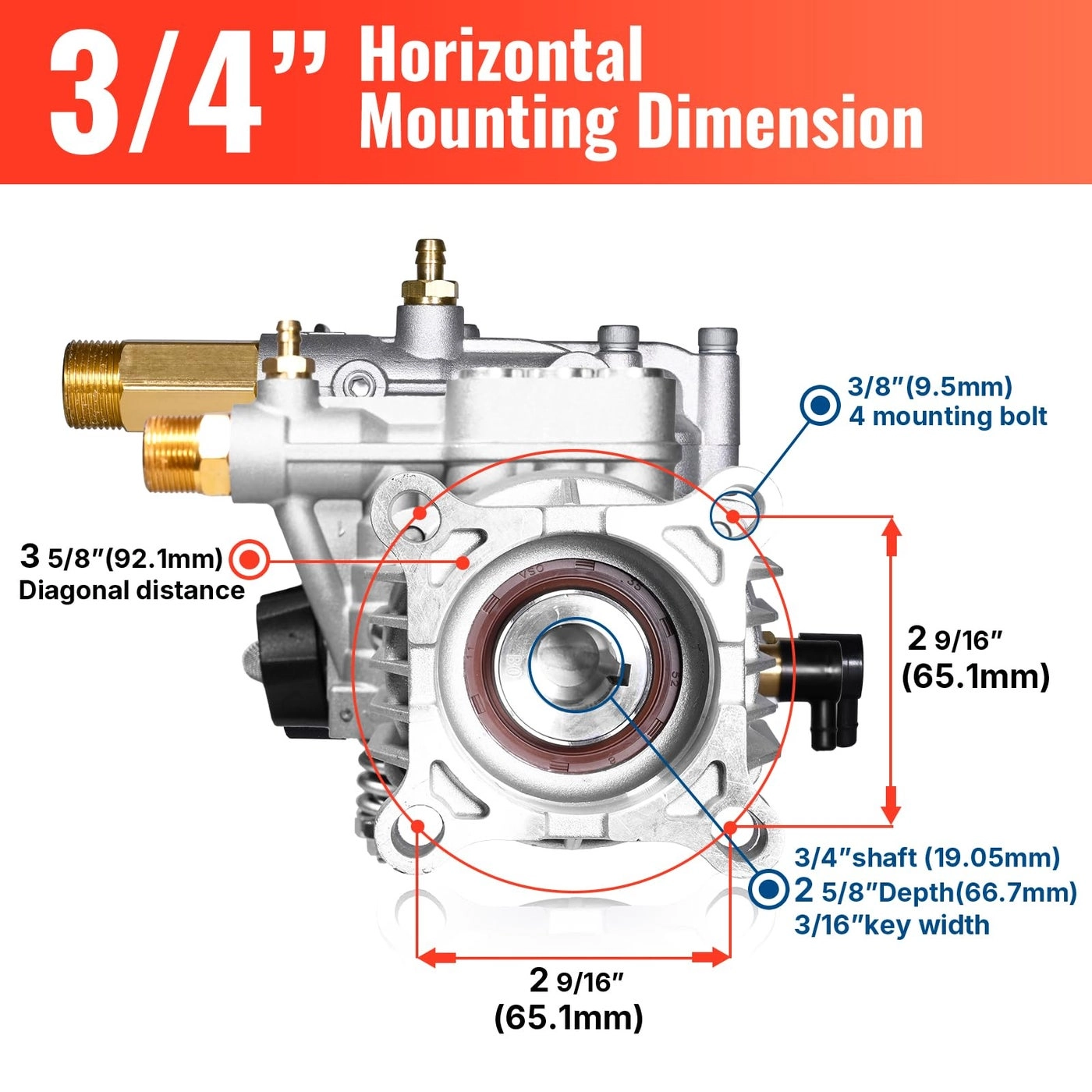 Horizontal Pressure Washer Pump - 3/4" Shaft 3400 PSI 2.6 GPM
