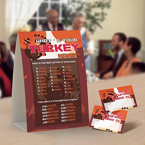 What's Your Turkey Name Game - 50 name tag stickers and one sign