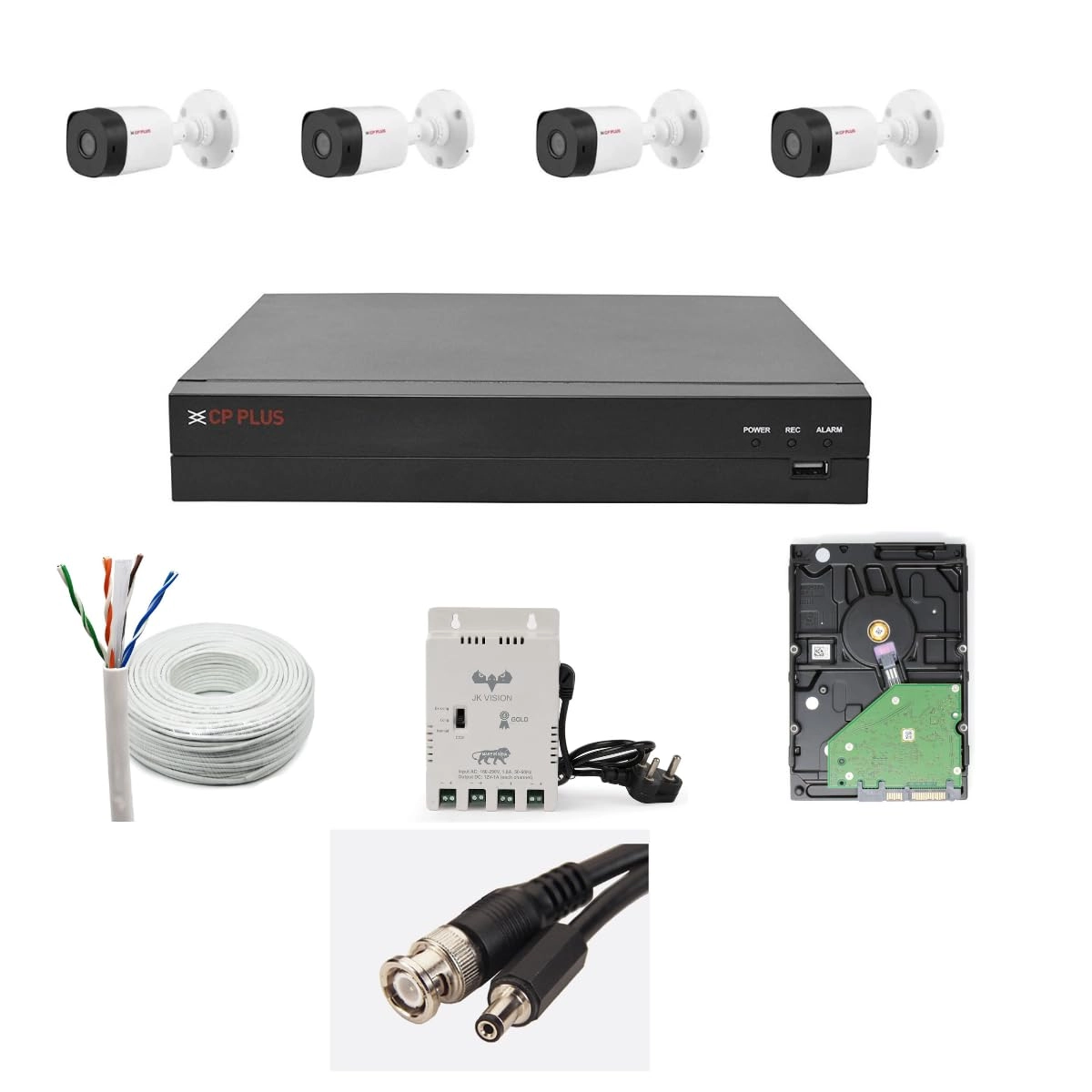4 Channel DVR + Bullet Camera - 2.4MP + HDD - 1TB + Copper Cable Roll + 4 CH Power Supply + BNC & DC Full Combo Kit