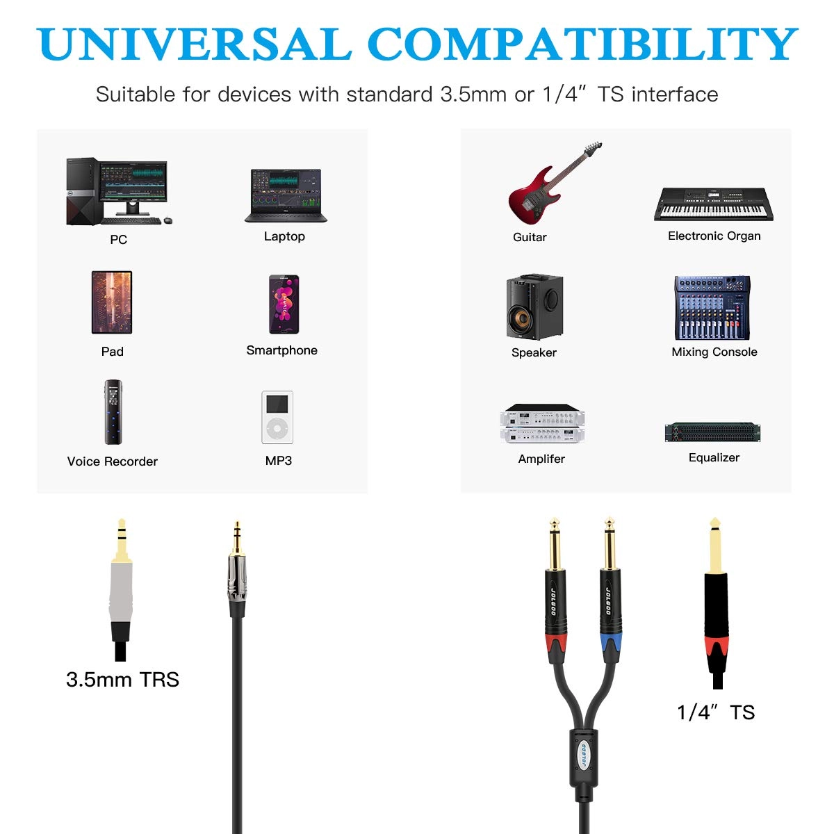 3.5 mm TRS to Dual 1/4" TS Stereo Breakout Cable - 6.6 Feet