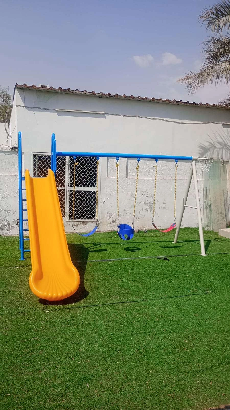 Spring Rider + Round Trampoline - 8FT + Caterpillar Tunnel + Slide and Swing Playground Set + Two Seater Seesaw