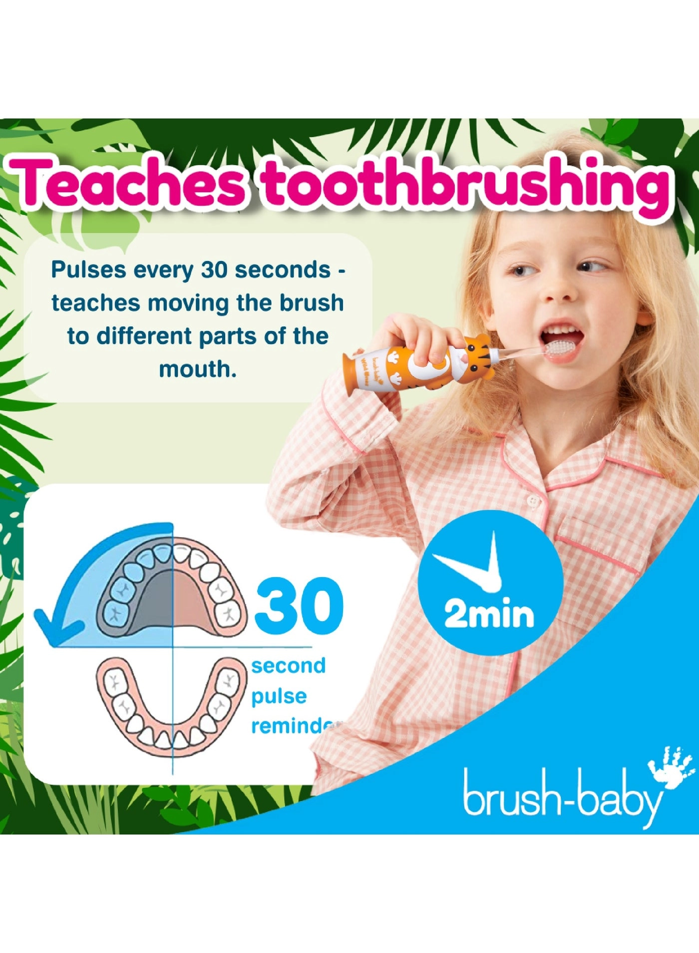 Kids Rechargeable Electric Toothbrush - Fun Tiger Design Dual Mode LED Light