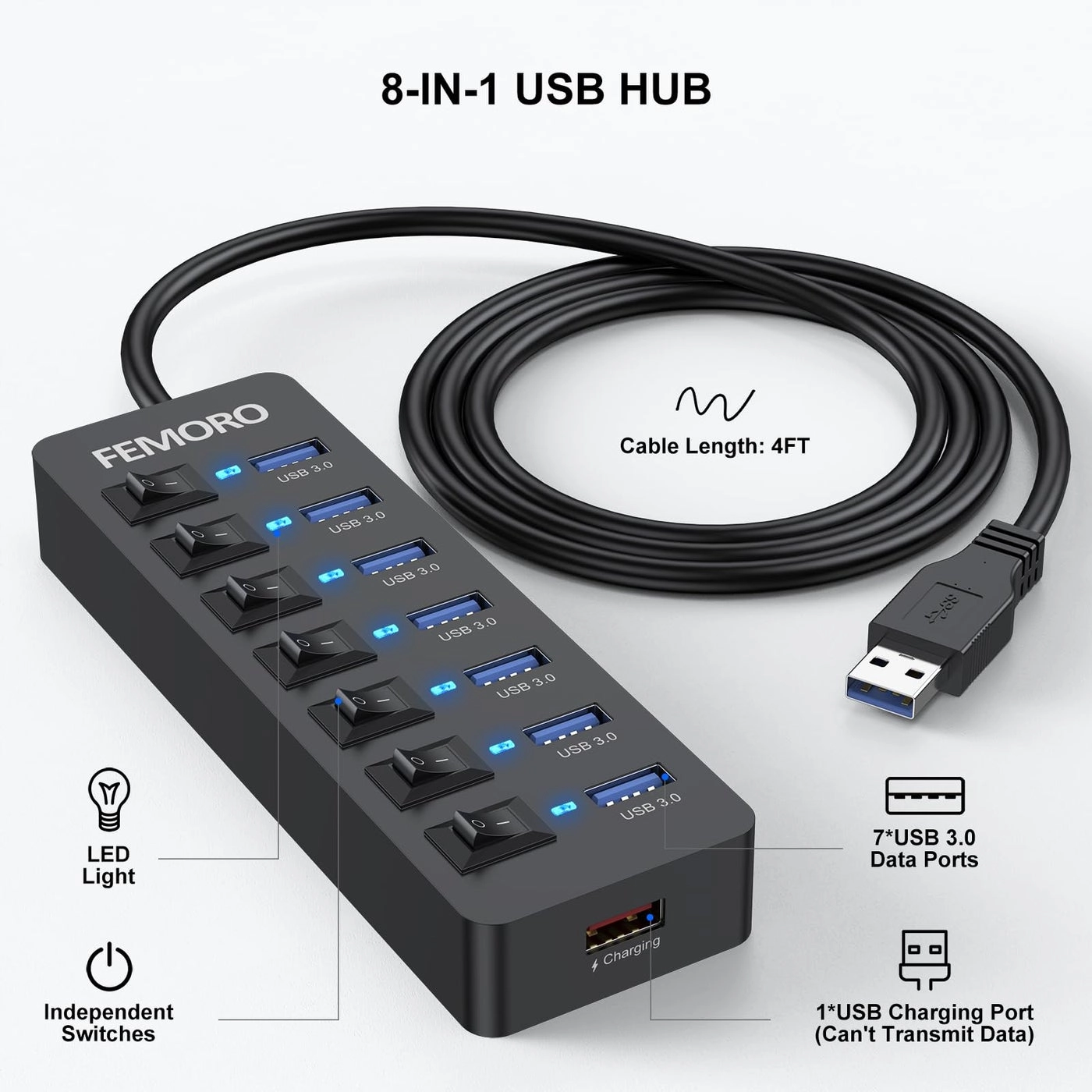Powered USB Hub 3.0 - 5Gbps 7 Ports 12W Charging