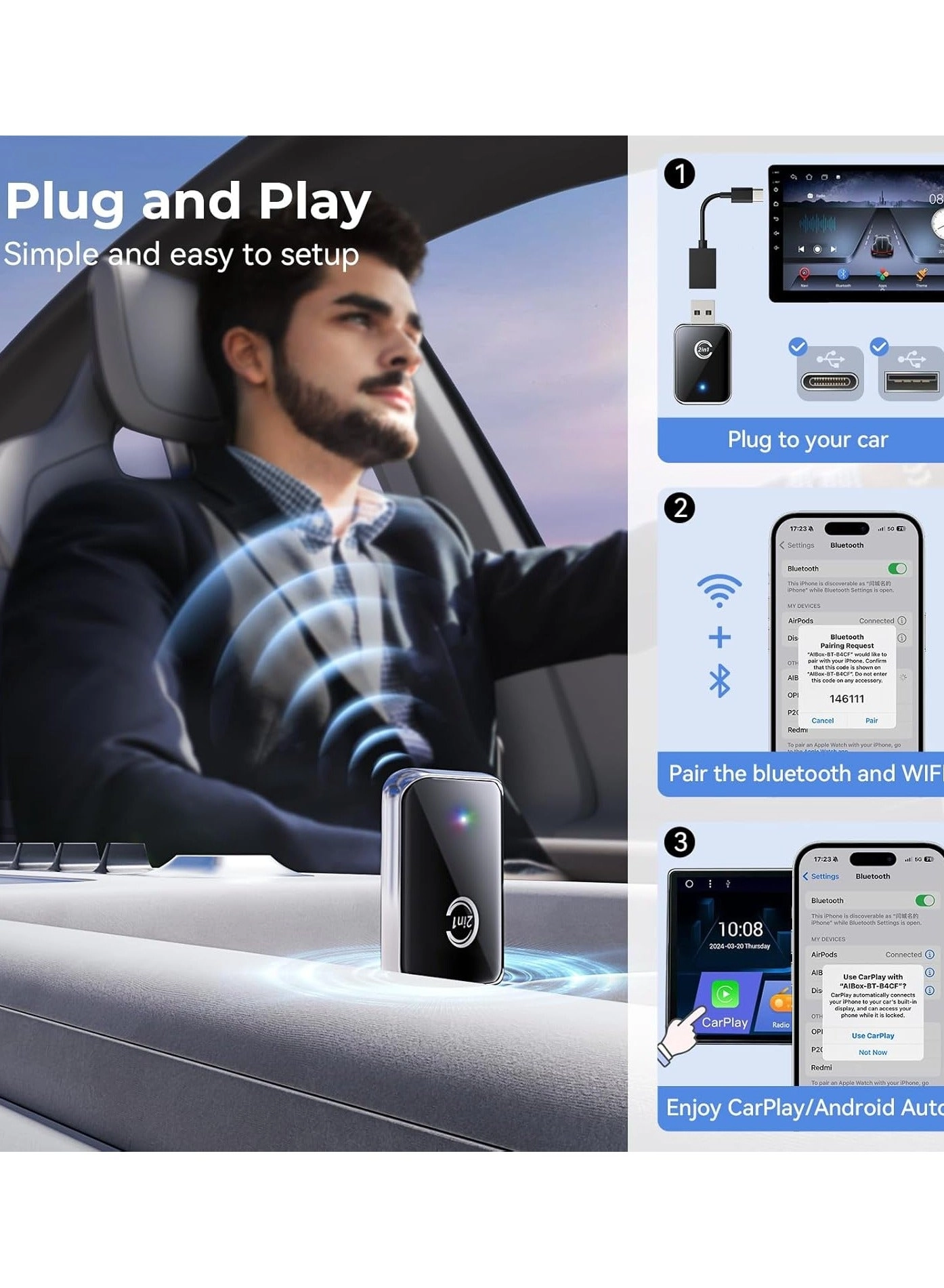 Wireless CarPlay Adapter - For iPhone Android USB & USB-C