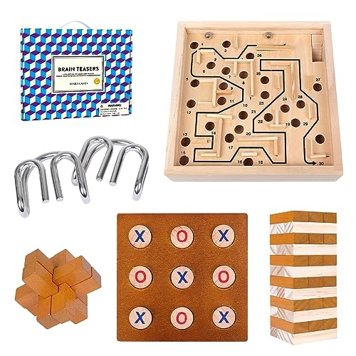 Wooden Brain Puzzle + Metal Puzzle + Labyrinth - Maze board 2 steel balls + Stacking Blocks - 36 pieces + Tic Tac Toe