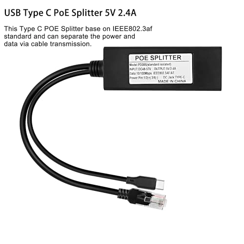 USB Type C PoE Splitter - 48-57V 5V 2.4A 12watts 1 RJ45 IEEE 802.3af 10/100Mbps
