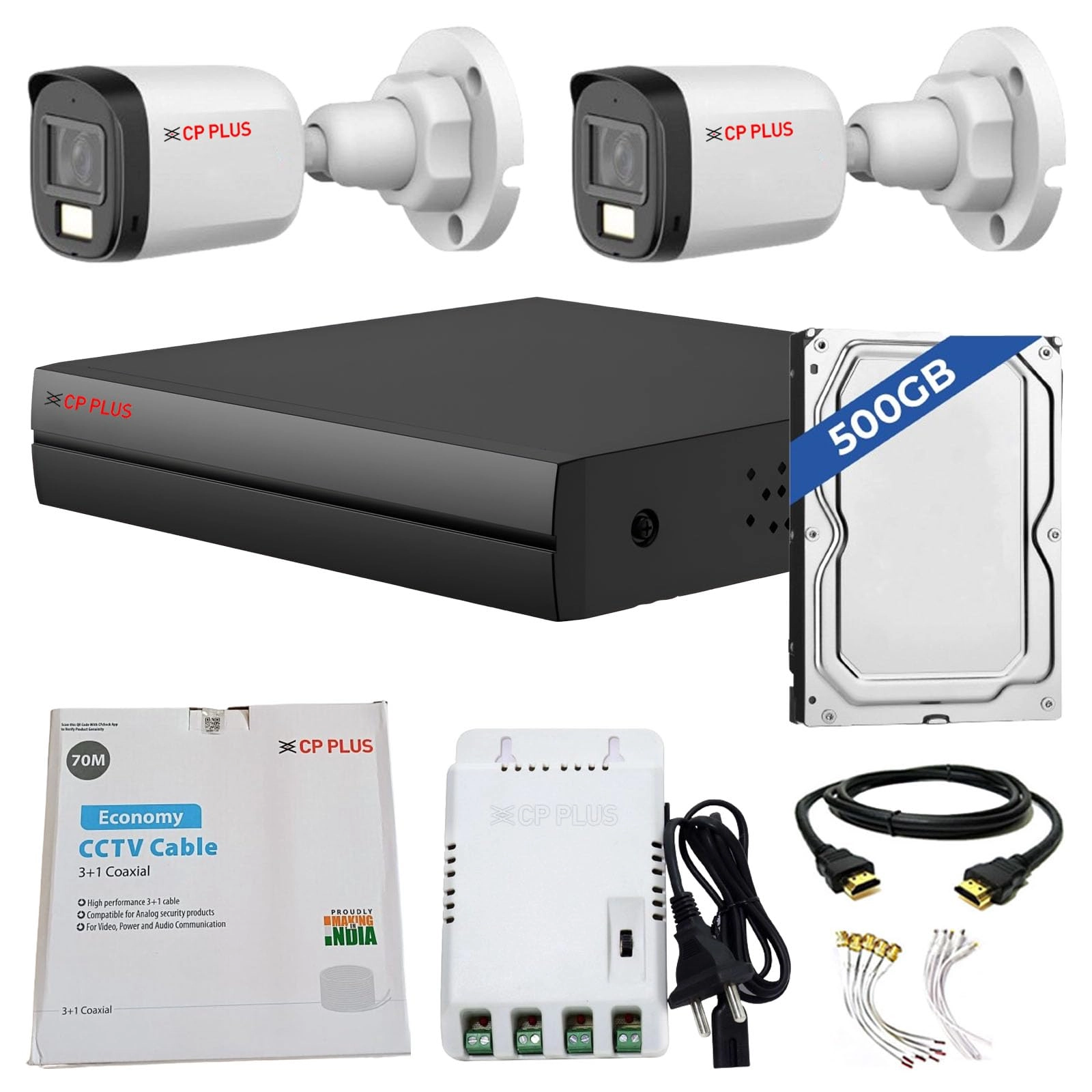 Aditya Infotech Limited 4 Channel Turbo HD DVR + 2 MP Outdoor CCTV Camera + 4 Channel Power Supply + 70 Meters Cable + HARD DRIVE - 500 GB + BNC & DC Connectors + HDMI Cable