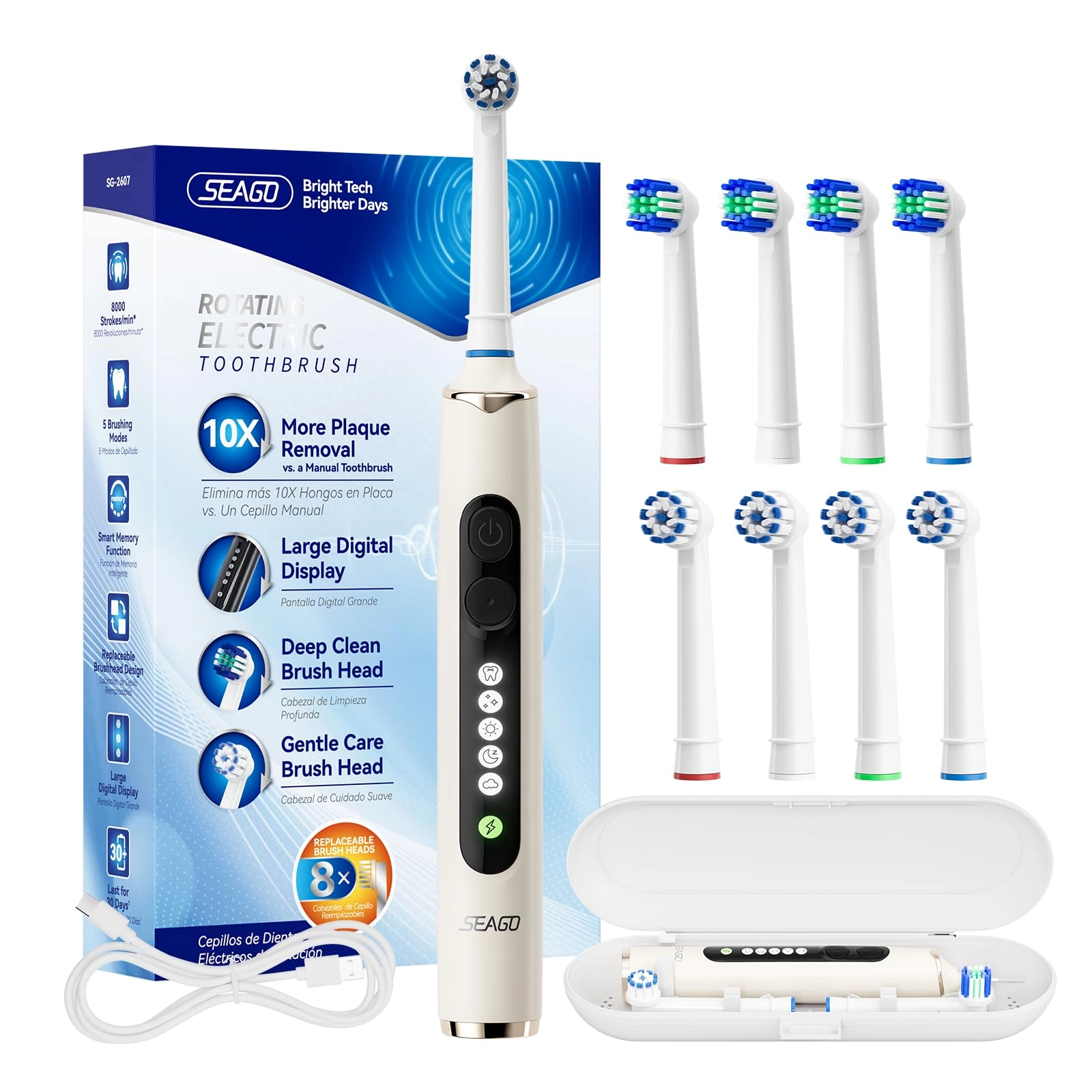 seago SG-2753 - Ultrasonic Rechargeable 8 Brush Heads 5 Modes