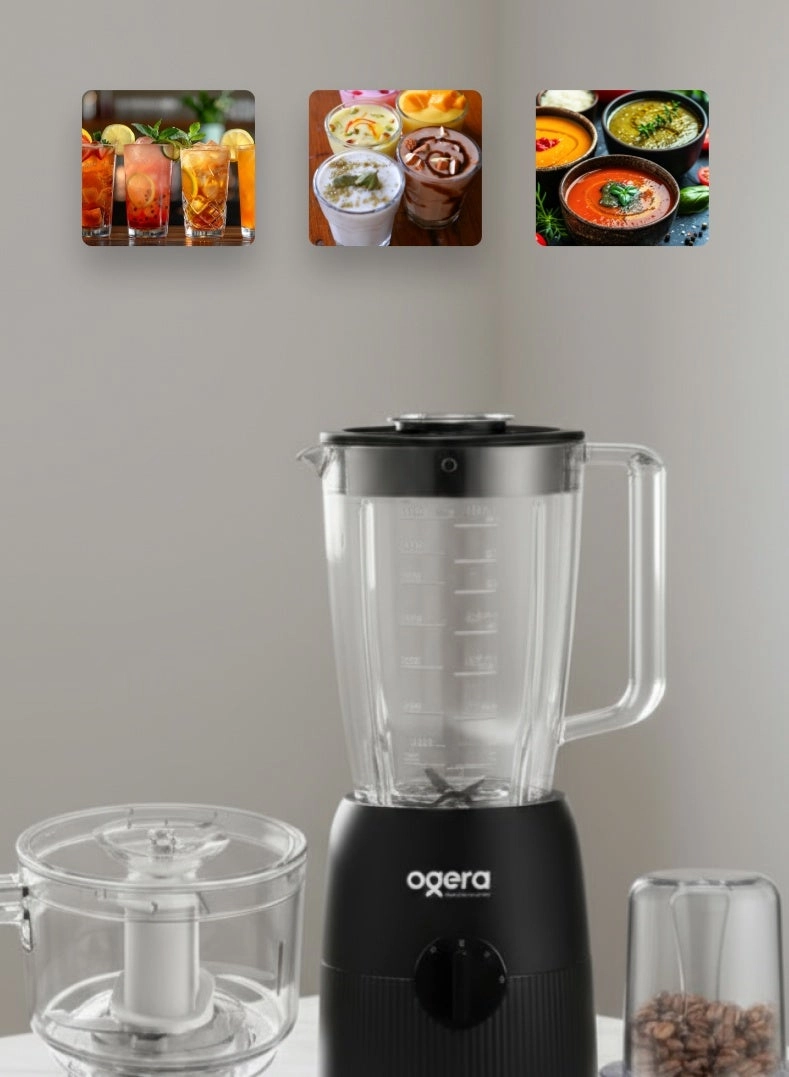 3-in-1 Electric Blender - Grinder & Chopper Attachments, Unbreakable Jar, Stainless-Steel Blades