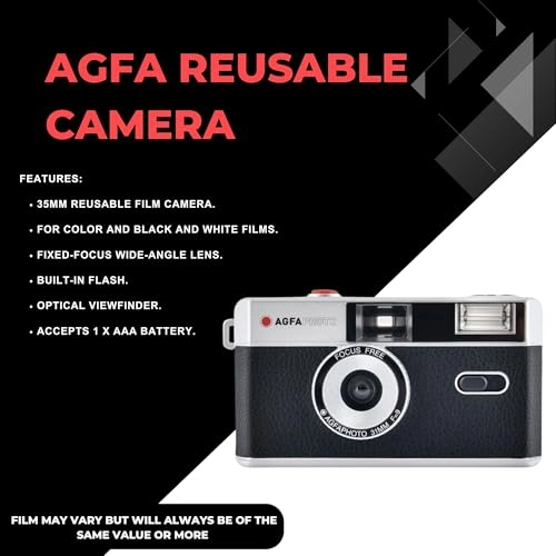 35mm Reusable Film Camera + Ultramax 400 - 36exp + Gold 200 - 36exp + Battery - AAA + Lens Cloth - Black + Photography Tips Card