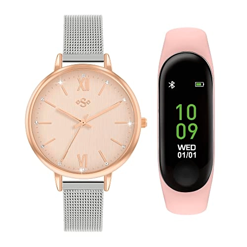 Watch - Silver Mesh Strap Pink Sunray Dial + Activity Tracker - Pink Silicone Strap Colour Touch Screen