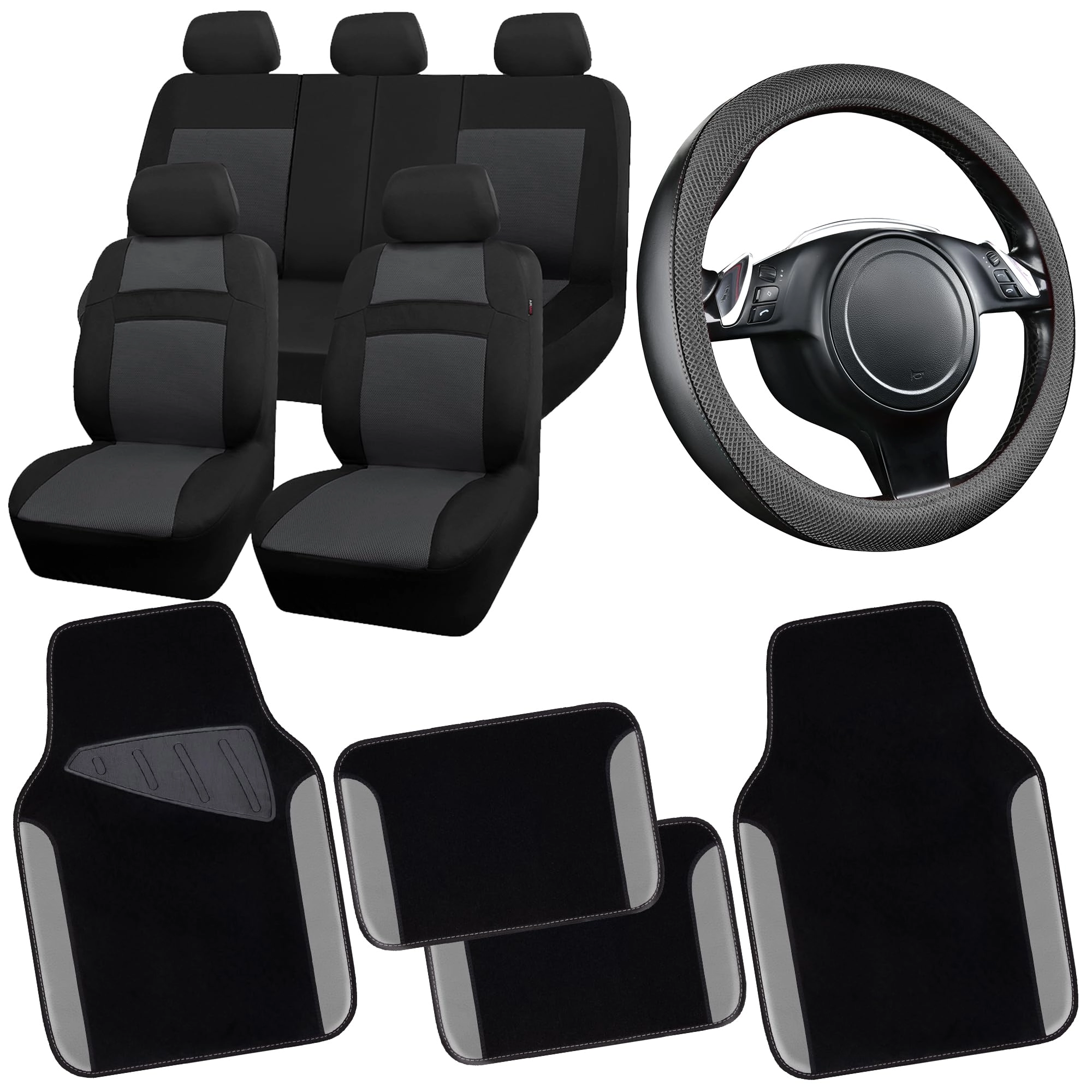 Car Seat Covers - Air Mesh Leather + Car Floor Mats - Waterproof + Steering Wheel Cover - Sporty