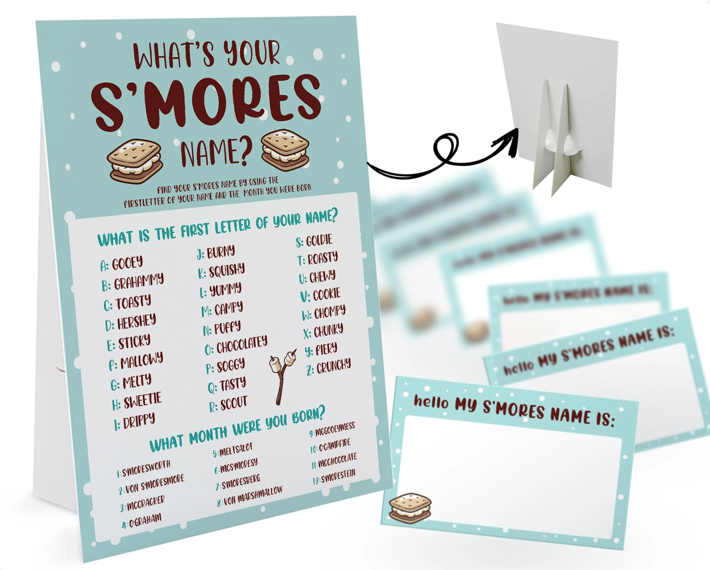 GNATV What's Your S'mores Name Game - 1 S'mores Sign and 30 Name Tag Stickers 8x11 2x3.5