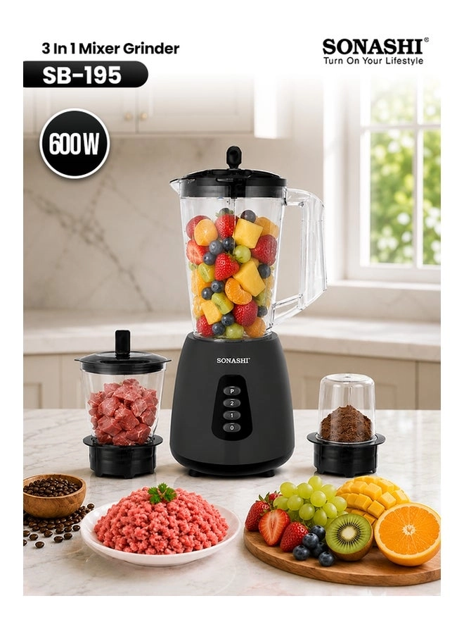 SONASHI Mixer Grinder - 3-in-1, Grinding & Chopping Cups, 2-Speed + Pulse