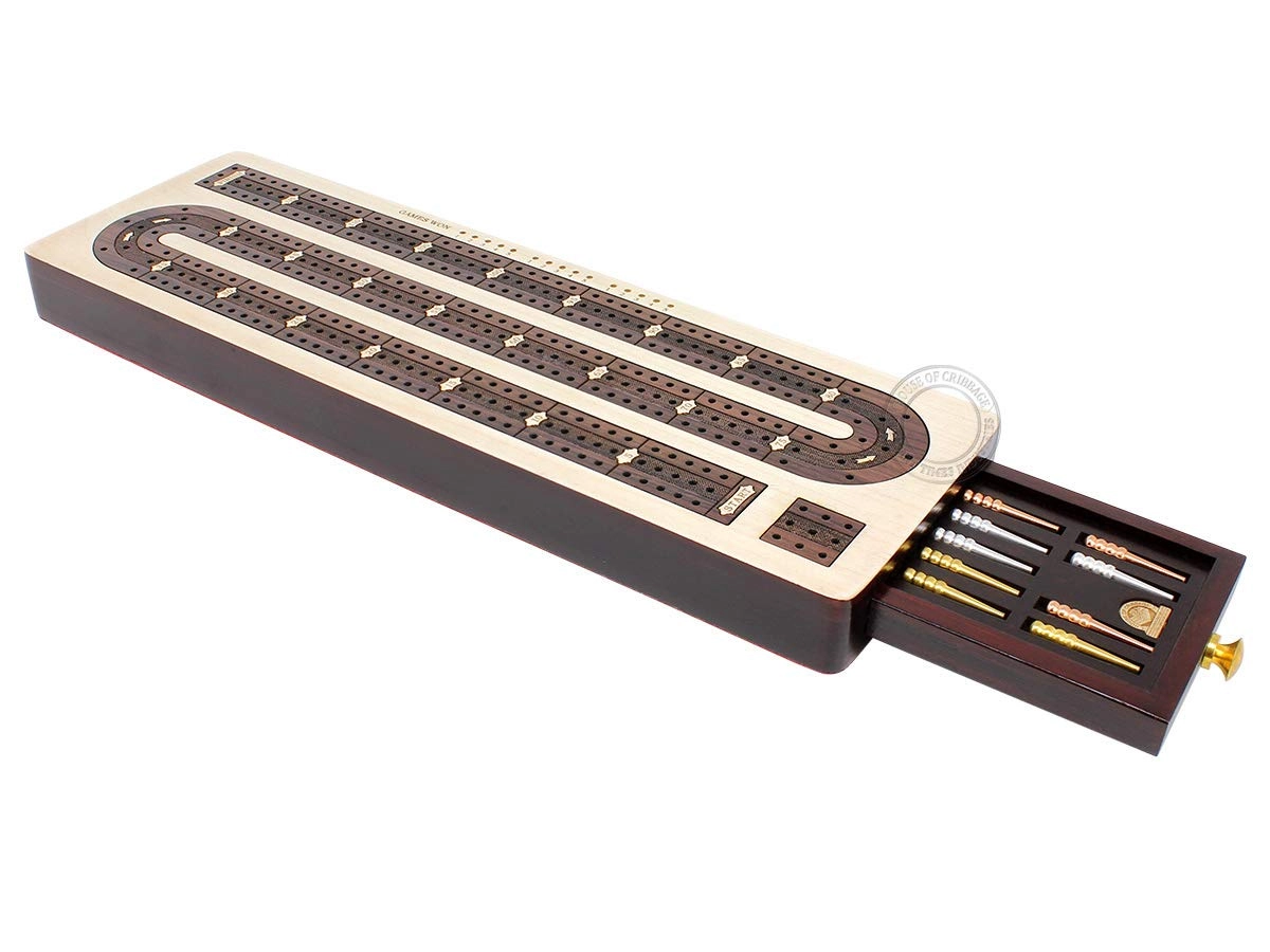 3 Track Continuous Cribbage Board - Inlaid in Rosewood Storage Drawer for Cribbage Pegs