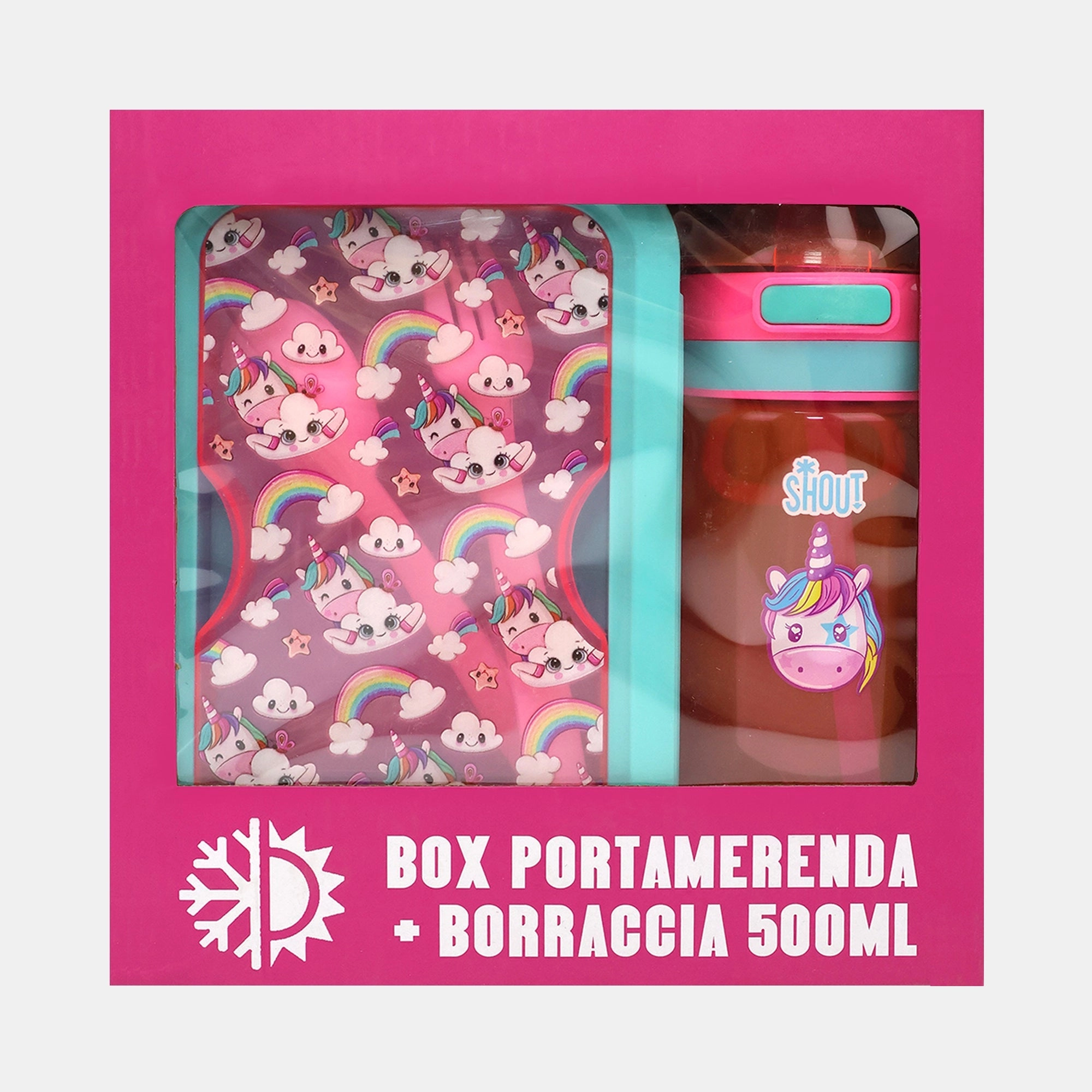 Shout Lunch Box - Magic Unicorn + Water Bottle - 500ml + Spoon + Fork