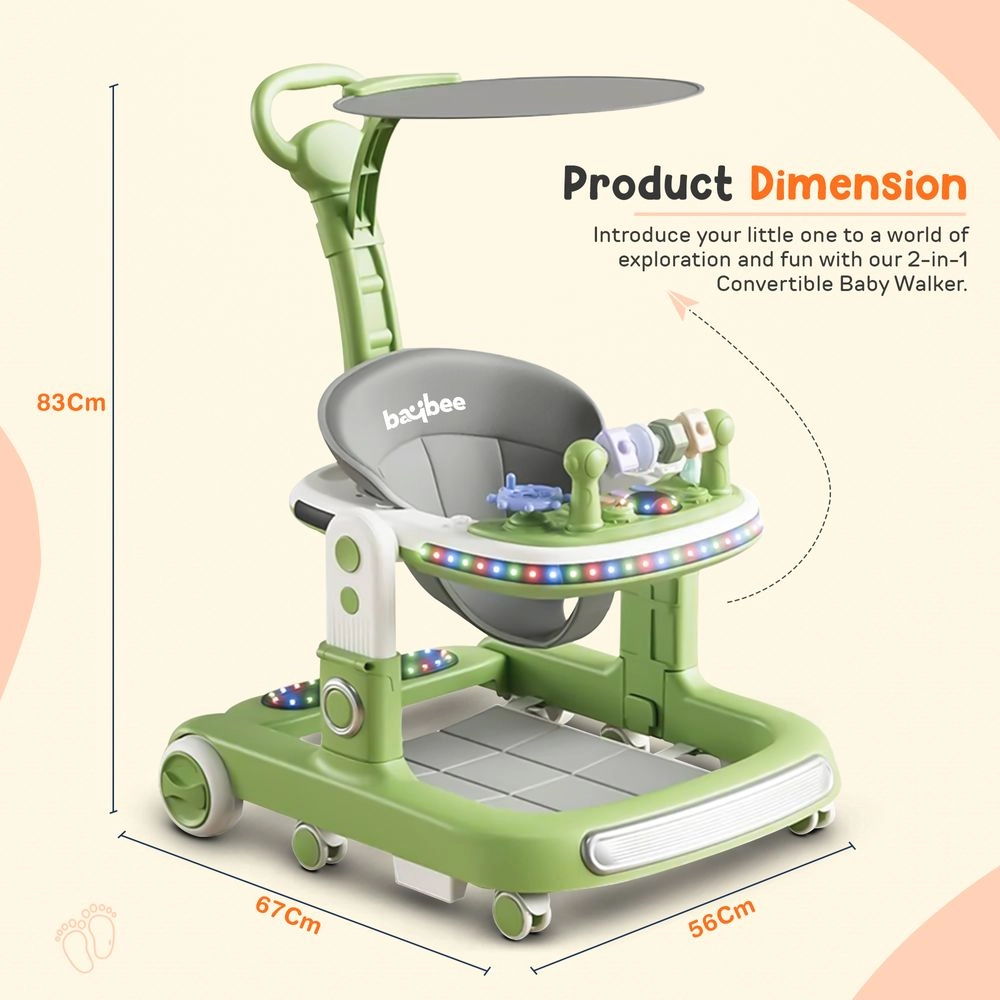 2-In-1 Push Baby Walker - Green 3-Height Adjustable