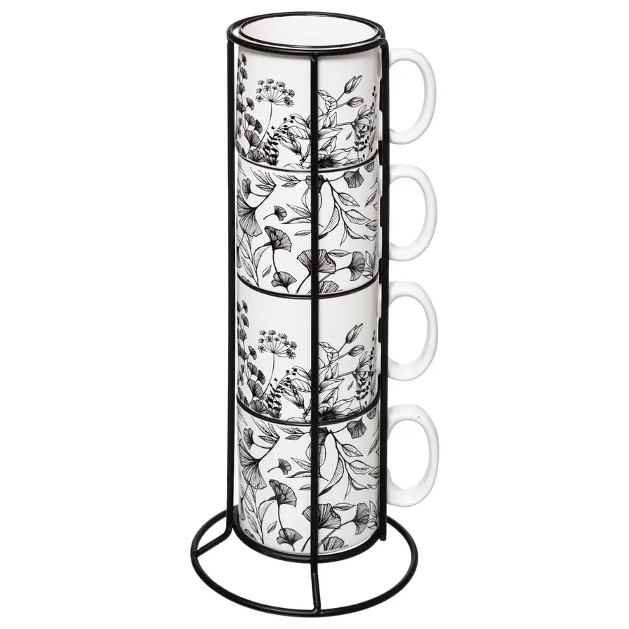 Sagem Floral Pattern Mug Set - 4 pcs - metal rack - 10 ml