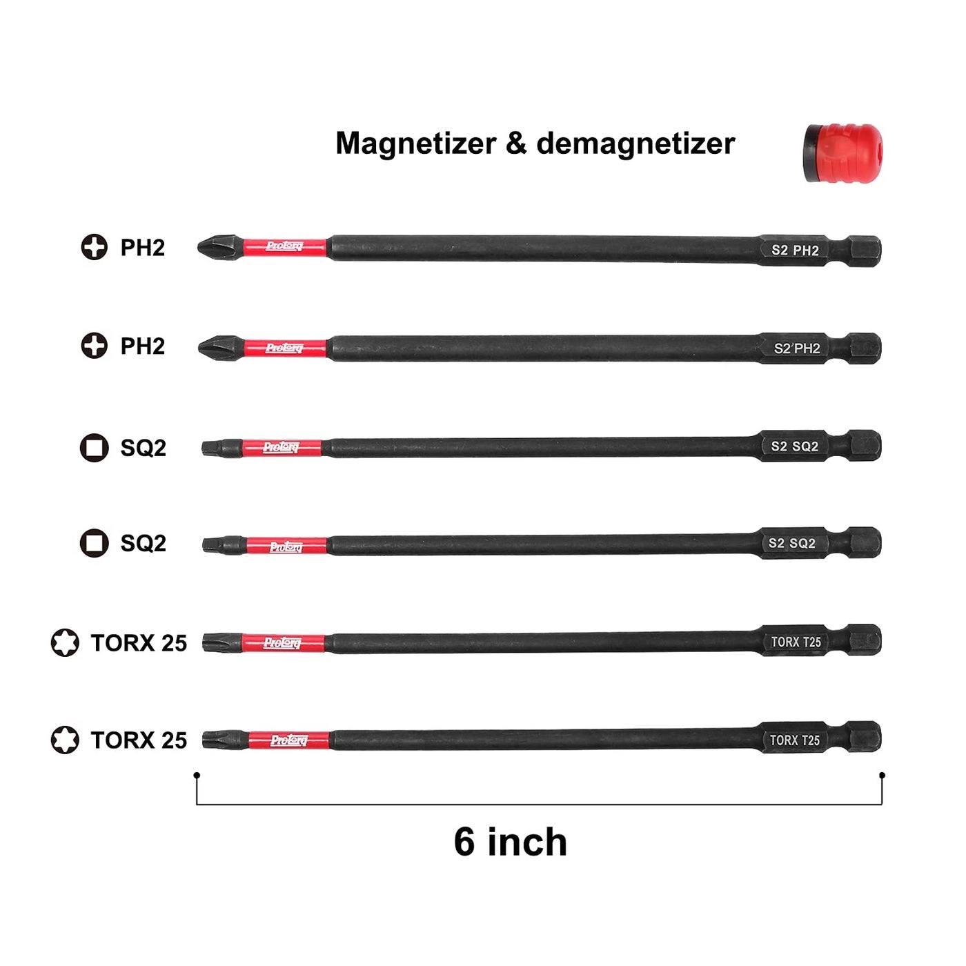 Long Impact Bit Set - PH2 SQ2 T25 6-Inch 6-Piece