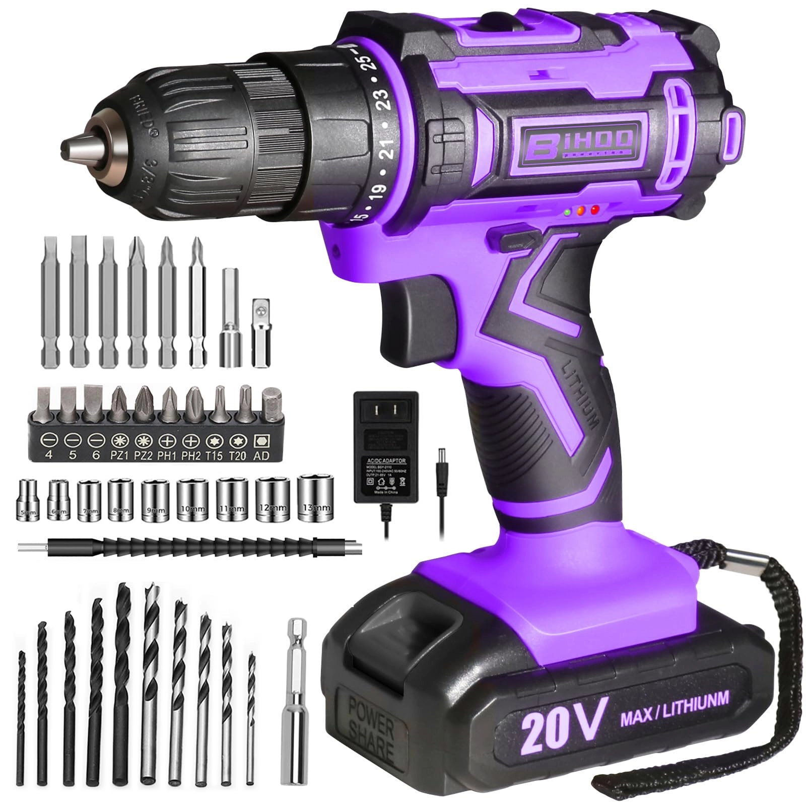 BIHOO Cordless Drill - 20v 2000mah 25+1 Torque