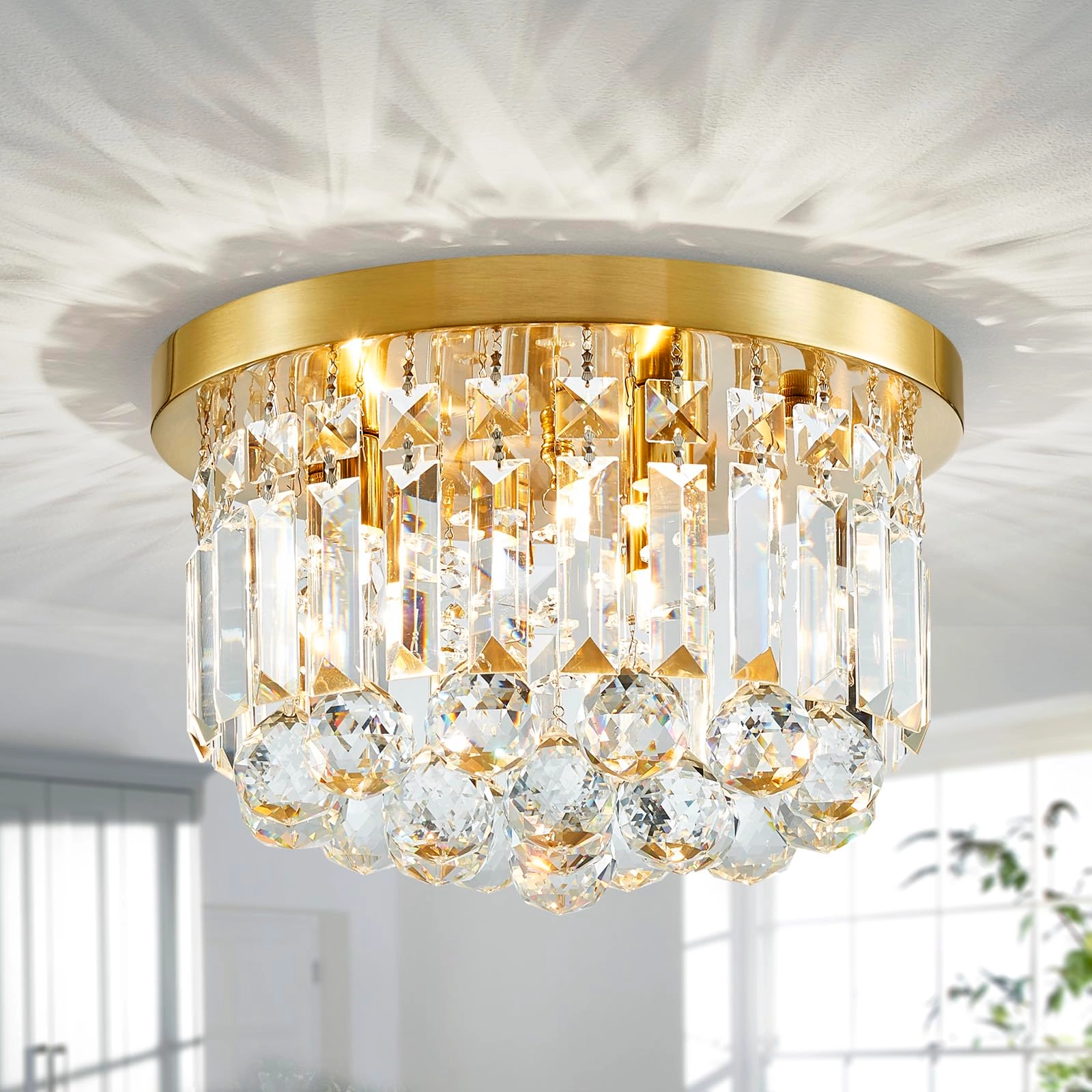 SHRINE LIGHTING Crystal Chandelier - D30 x H24 cm E14 Socket 3 Bulbs Gold Finish