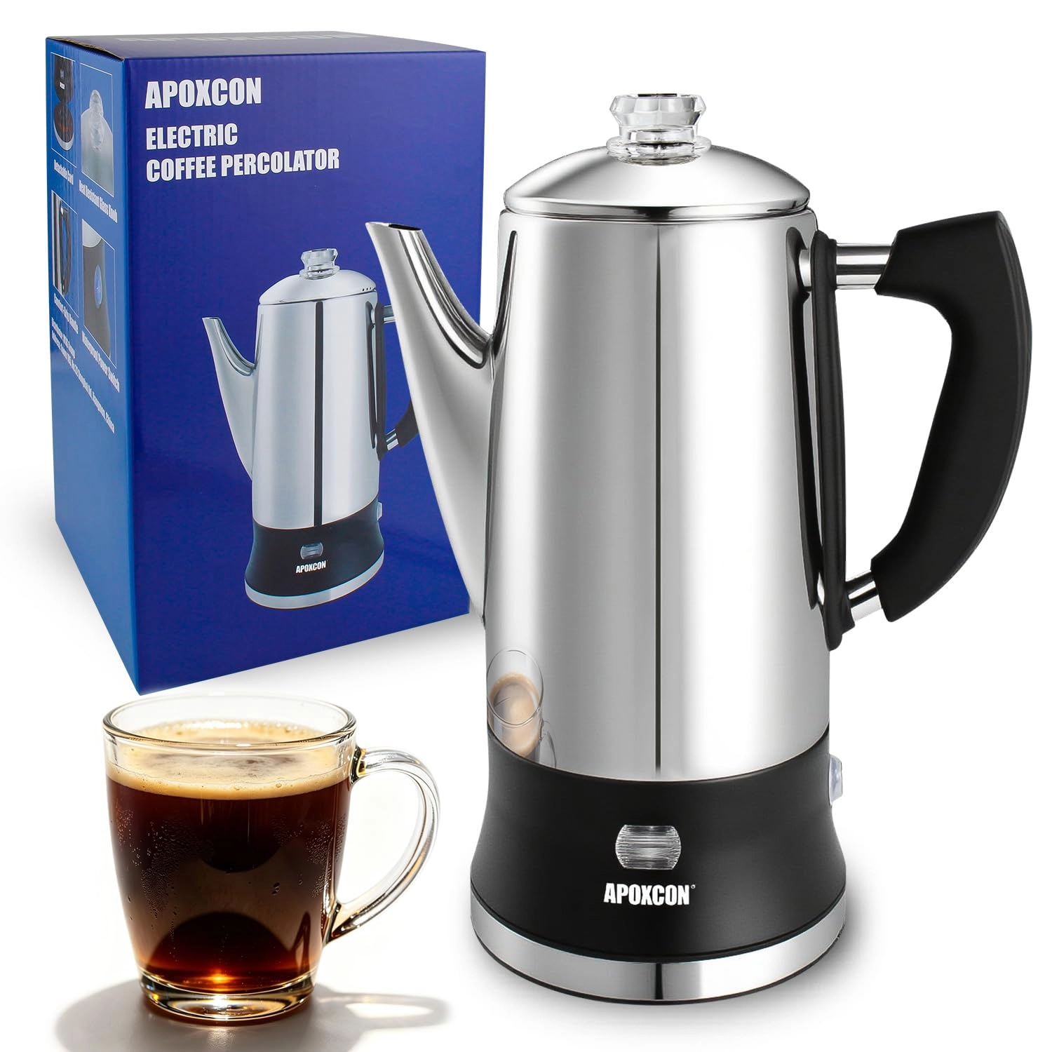 APOXCON Electric Coffee Percolator - 12 Cups Cordless Serve Keep Warm Function