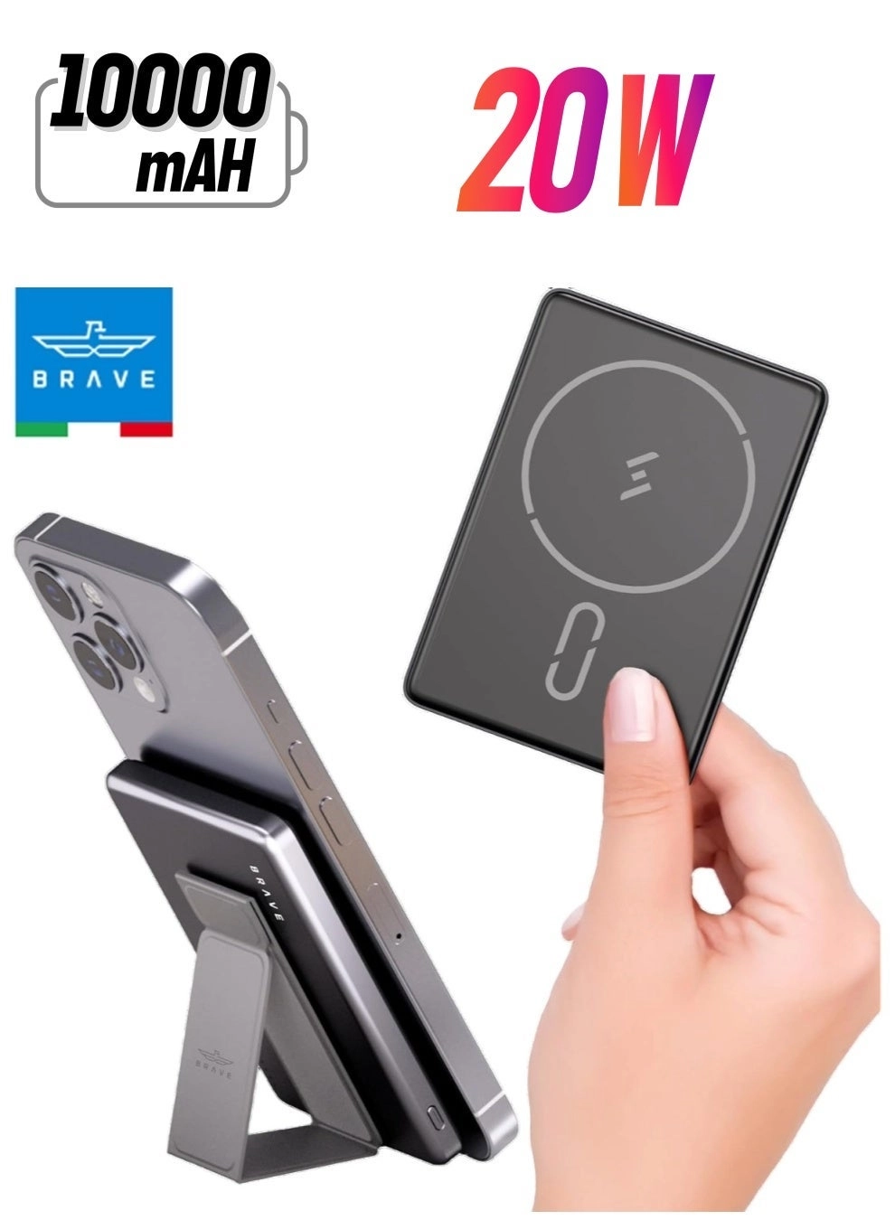 Magnetic Wireless Power Bank - 10,000mAh 20W + Retractable Car Charger - 60W + Fast Charging Adapter - 2 USB-C 1 USB-A + Magnetic Car Phone Holder - MagSafe Compatible