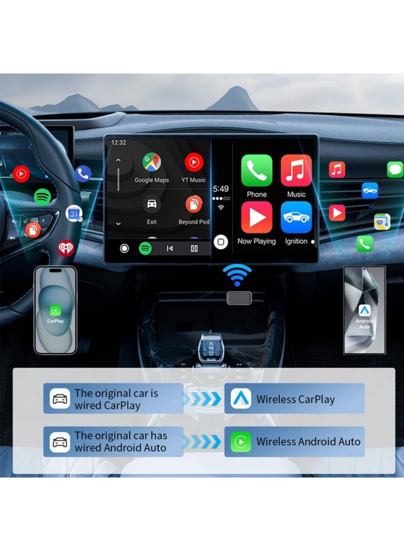 Wireless CarPlay Adapter - 2-in-1 Mini Plug and Play Low Latency