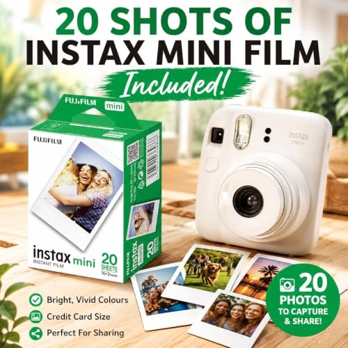 Camera Case - Clay White + Instax Mini Film 20 Shot + Mini Photo Album - 64 Pocket + Hanging Photo Display + Mini Desktop Photo Frames - 5 + Magnetic Fridge Photo Frames - 5 + Decorative Photo Border Stickers - 60