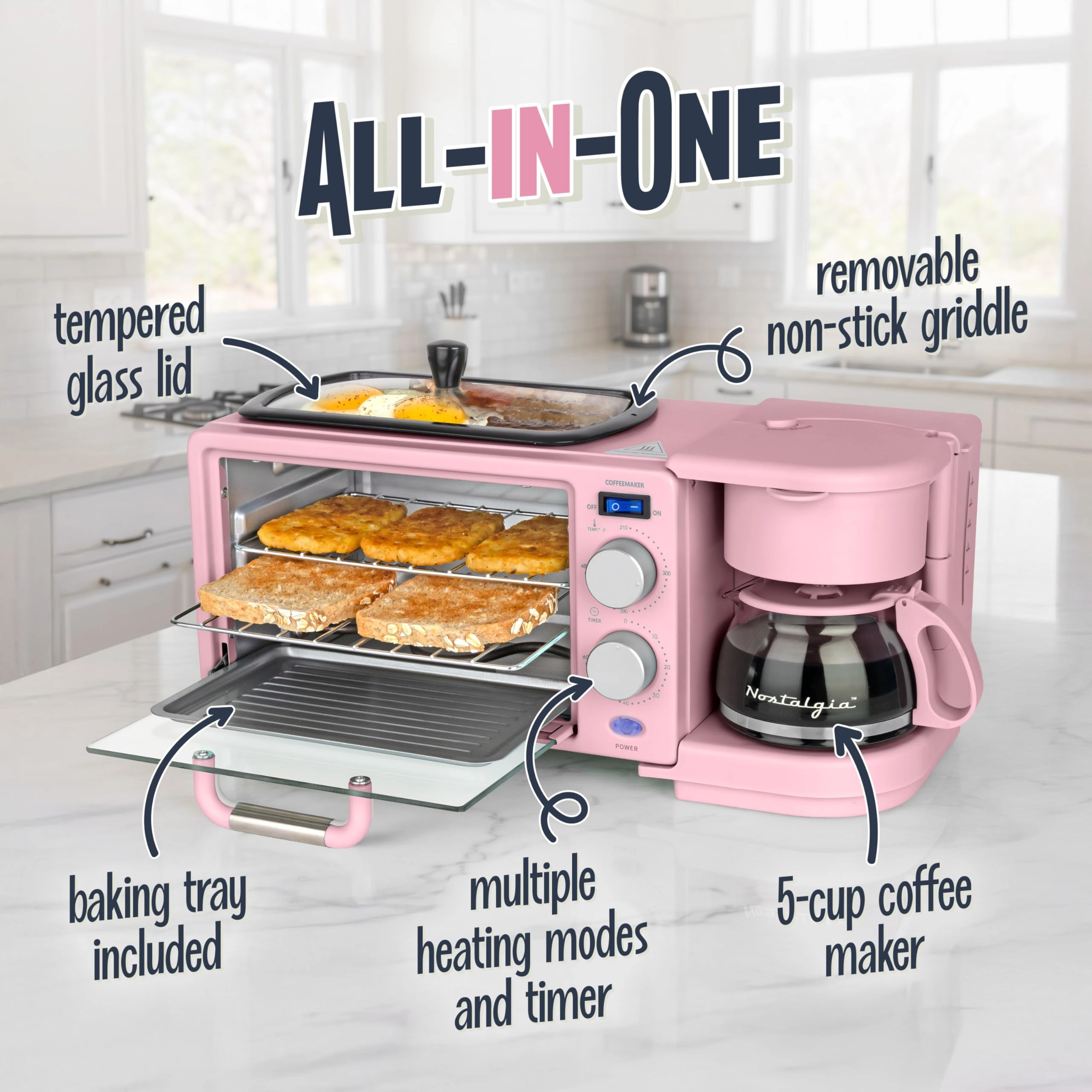 3-in-1 Retro Breakfast Station - 5 Cups Non-Stick Ceramic Griddle 4-Slice Toaster Oven