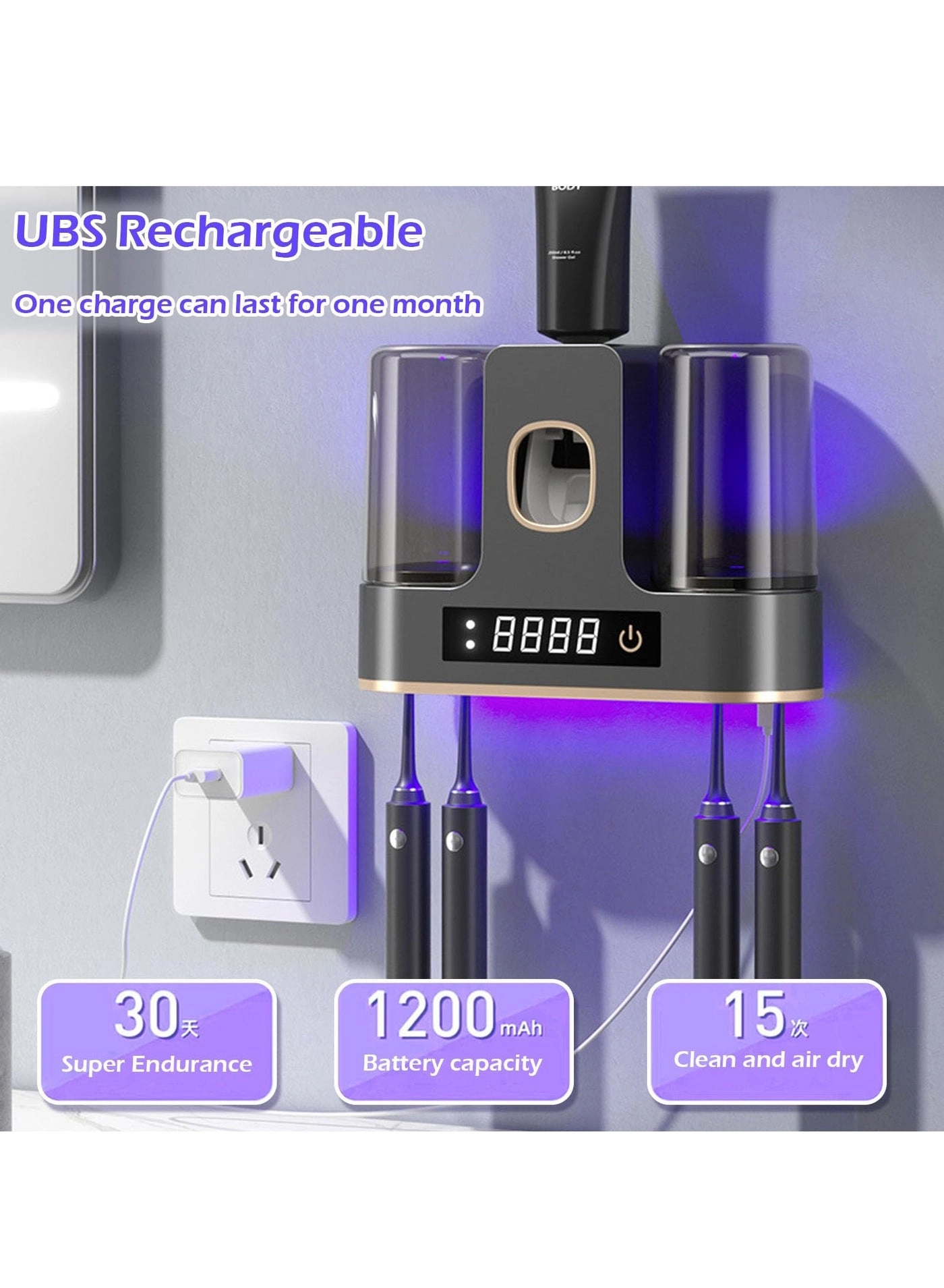 Toothbrush Holder - Wall Mounted 4 toothbrush slots