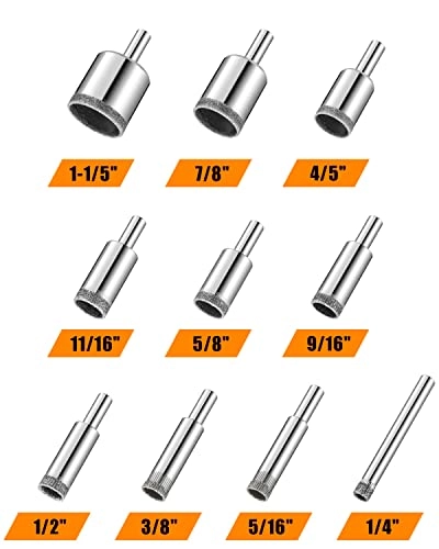 Diamond Drill Bits Set - 1/4"" 5/16"" 3/8"" 1/2"" 9/16"" 5/8"" 11/16"" 4/5"" 7/8"" 1-1/5"" Glass Porcelain Ceramic Marble Granite Stone Bottles