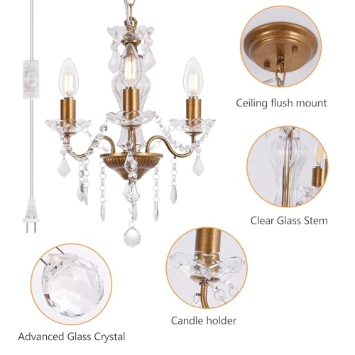 Plug in Modern 3-Light Chandelier - Gold Glass Crystals