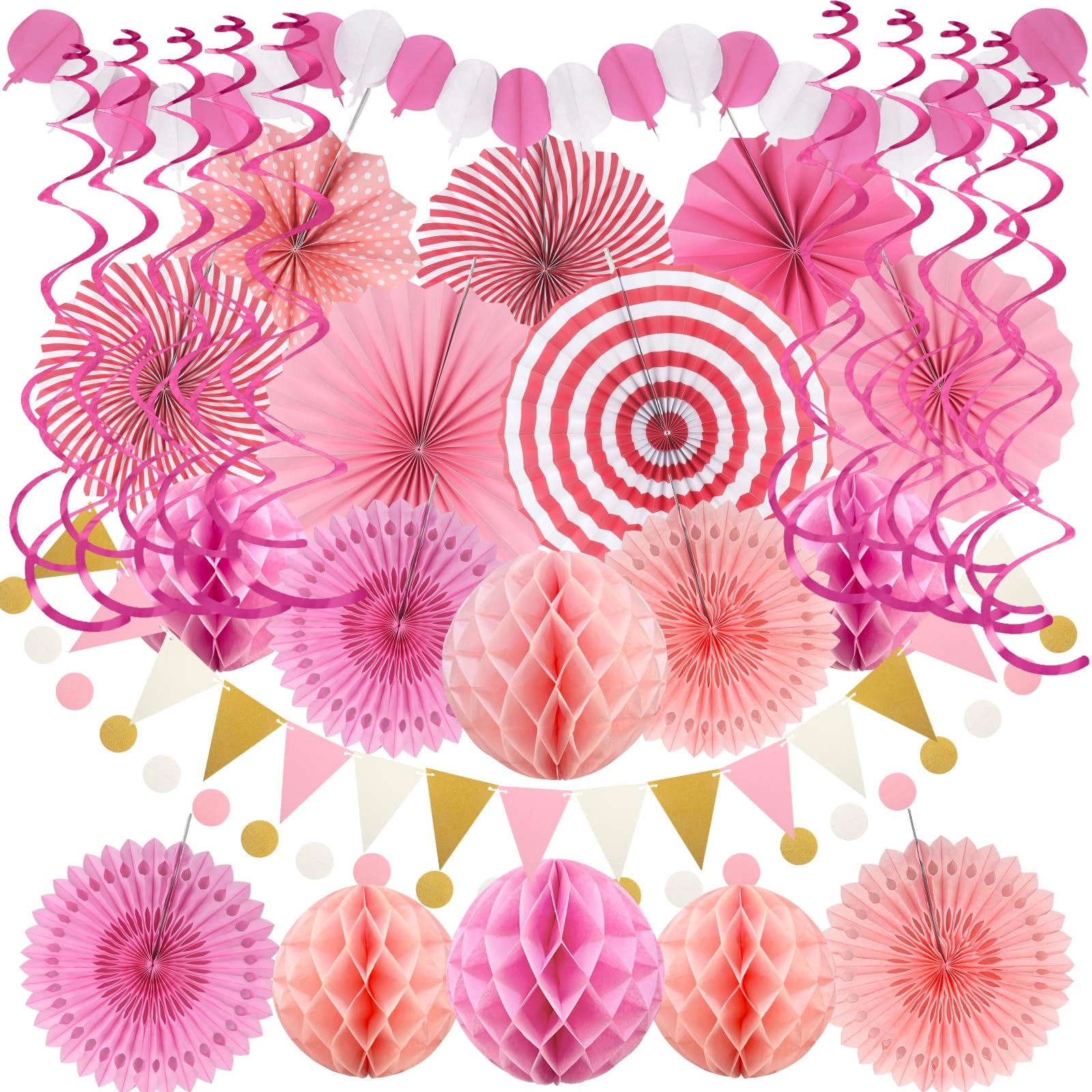 Paper Fan Honeycomb Ball Garland - 6 x Hanging Paper Fan 6 x Paper Honeycomb Ball 4 x Paper Hollow Fan 1 x Paper Balloon Garland 1 x Circle Paper Garland 10 x Hanging Swirl 1 x Triangular Pennant Anniversary