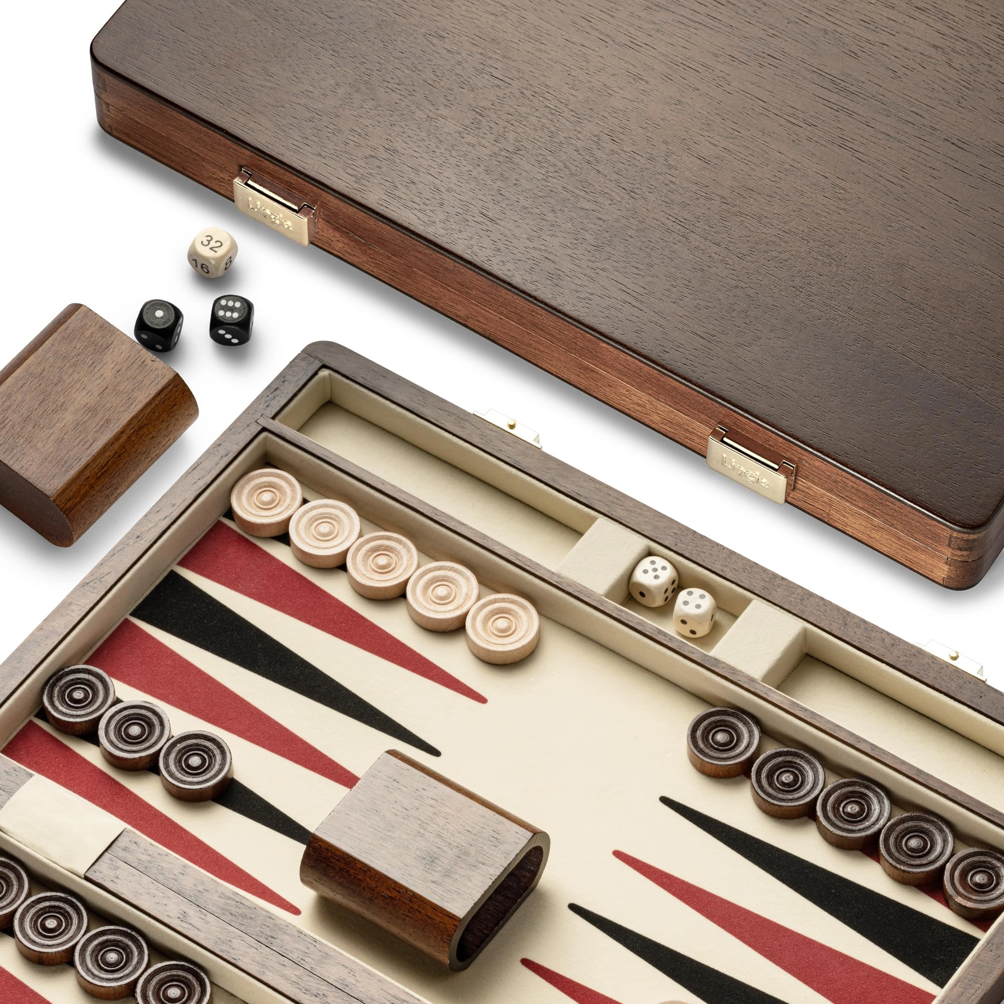 Lingle Backgammon Set - Premium Natural Walnut 30 Artificial Horn Checkers