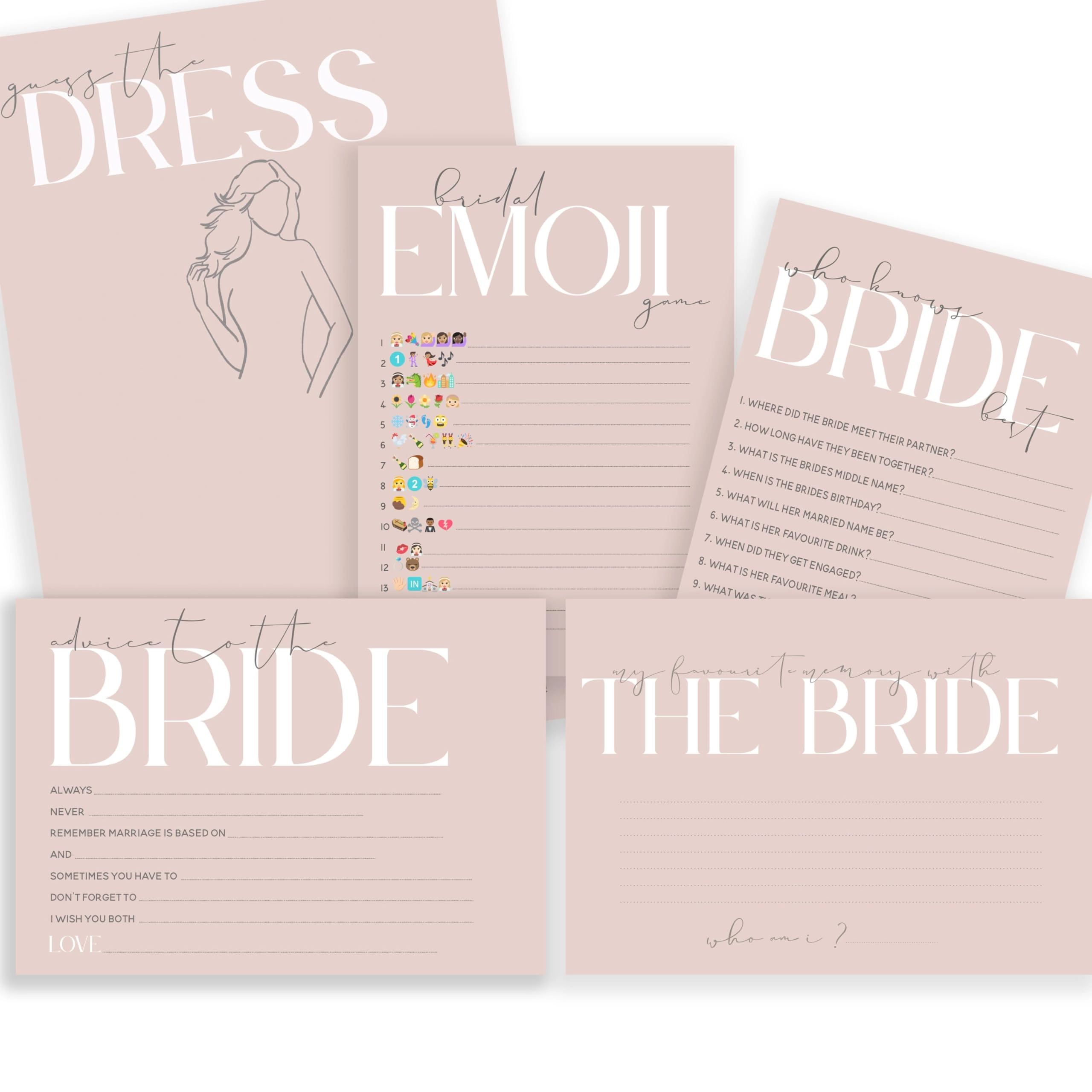 The Little Party Company Who Knows Bride Best + Advice To Bride + Memory With The Bride + Guess The Dress + Wedding Emoji Game - 50.0 Count Adult
