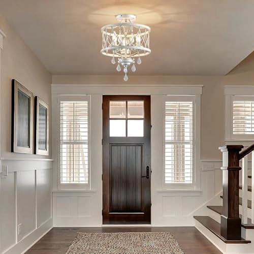 Crystal Ceiling Light Fixture - 3-Light Semi Flush Mount White