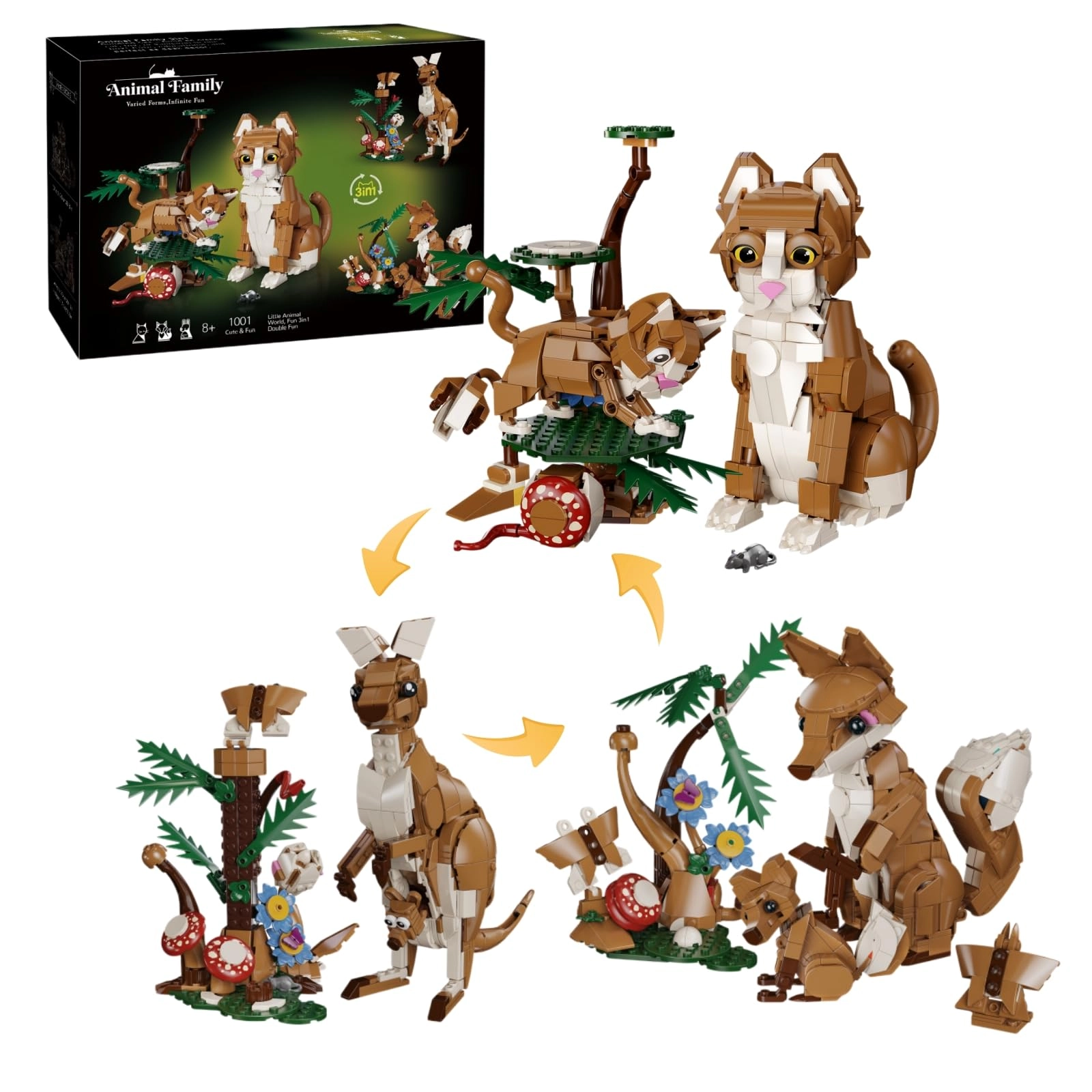 Fuleying 3-in-1 animal family building blocks - Cat, Fox & Kangaroo 1035 pcs