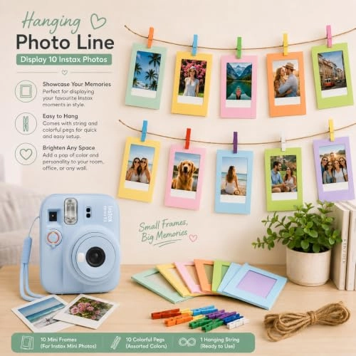 Camera Case - Frosty Blue + INSTAX Mini Instant Film - 20 Shot + Mini Photo Album - 64 Pocket + Hanging Photo Display + Mini Desktop Photo Frames + Magnetic Fridge Photo Frames + Photo Border Stickers - 60
