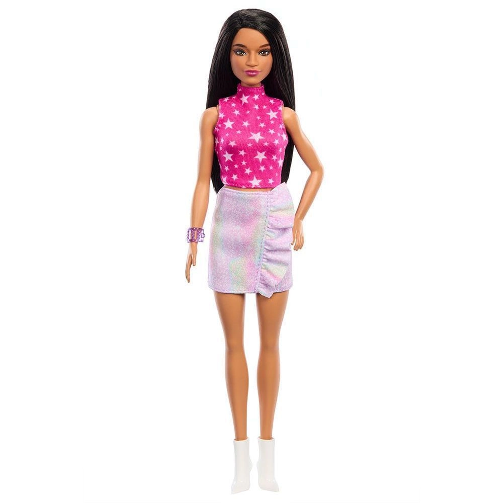 Barbie Fashionistas - Black Straight Hair Pink Star-Print Top Iridescent Skirt Ages 3+