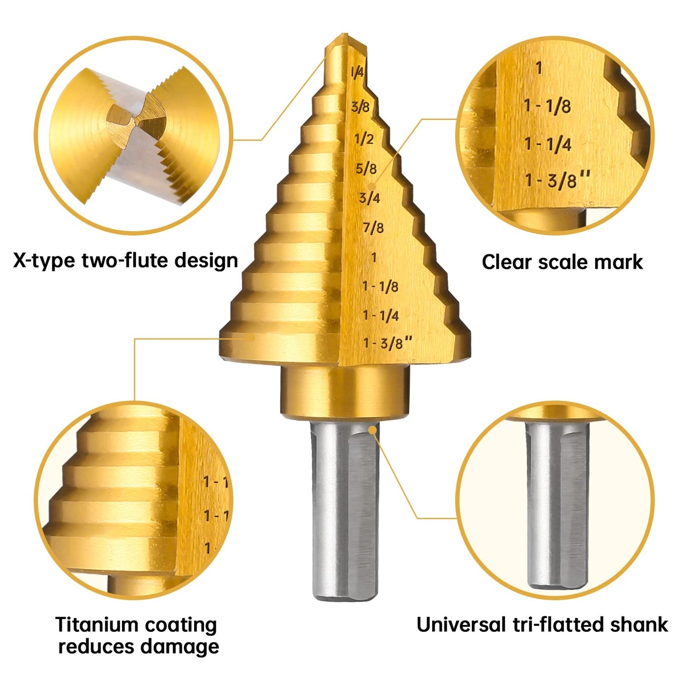 Titanium Step Drill Bit - HSS Titanium Coating 1/4"" to 1-3/8""