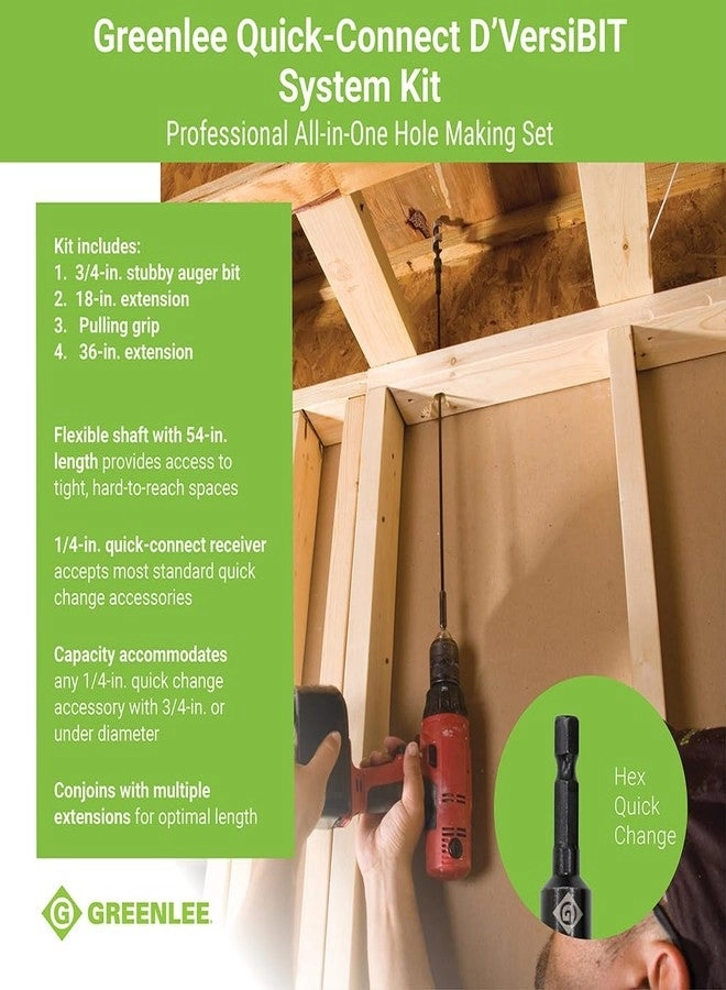 Quick Change D'VersiBIT - 4-Piece + Flexible Drill Extension + Extension Bit - 18" 36" + Stubby Auger Bit - 3/4" + Pulling Grip